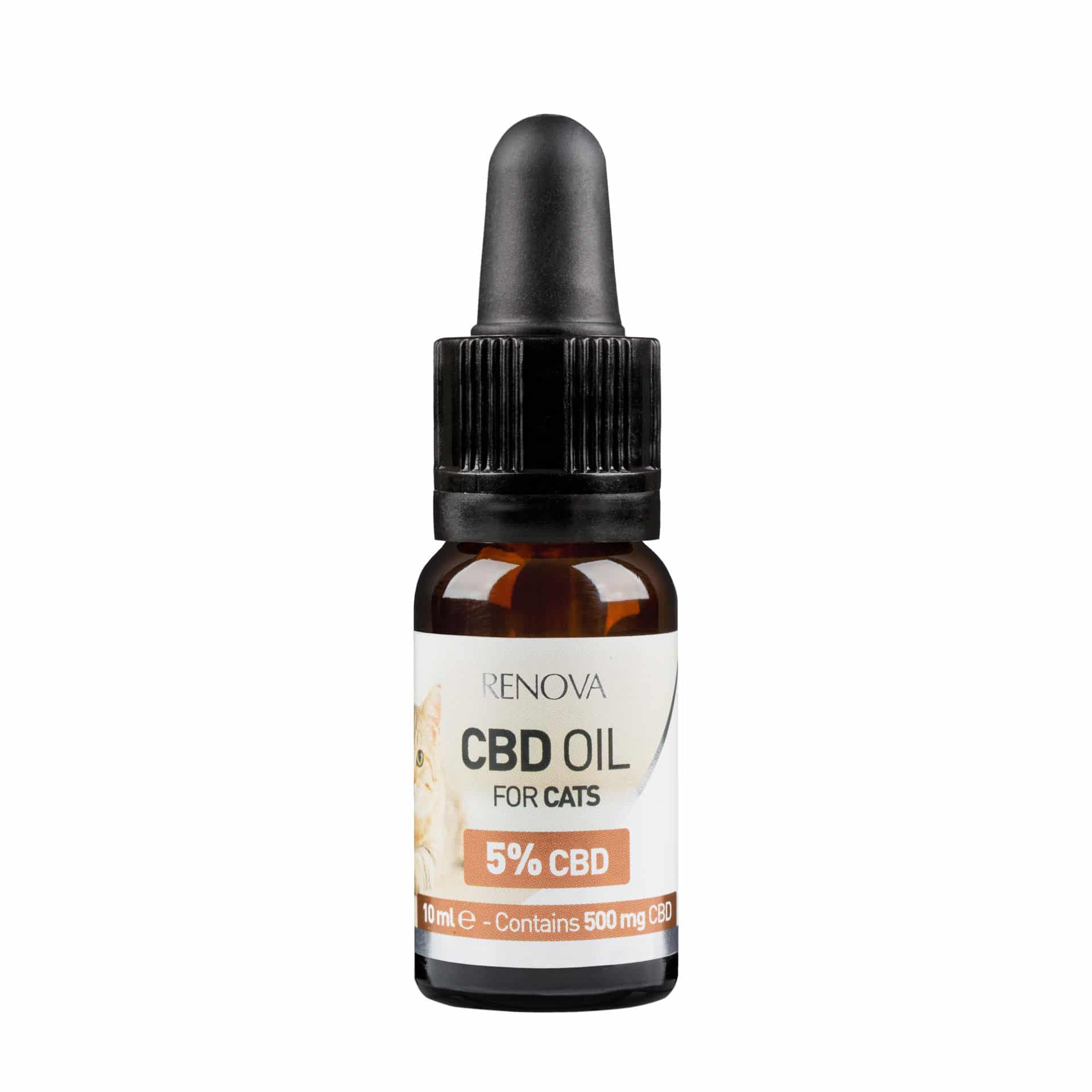 Eine Flasche Renova - CBD-Öl 5 % für Katzen (10 ml) auf weißem Hintergrund.