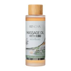 Eine Flasche Renova Massageöl mit CBD (100 ml) - Lavendel, Vanille & Orange.