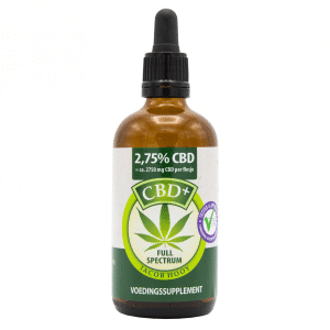 Eine Flasche Jacob Hooy CBD Öl 5 % auf weißem Hintergrund.