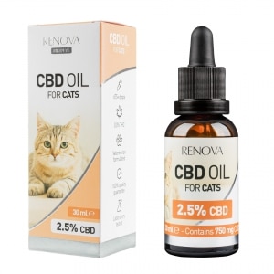 Eine Flasche Renova - CBD-Öl 2,5% für Katzen (30ml) neben einer Schachtel Renova - CBD-Öl 2,5% für Katzen (30ml).