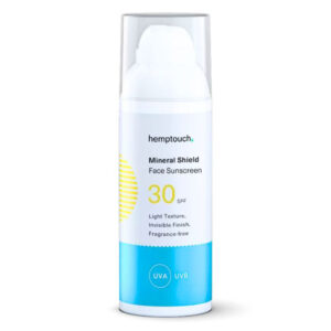 Eine Flasche Hemptouch – Gesichtssonnenschutz SPF30 – Mineralschutz (50 ml) mit leichter Textur, unsichtbarem Finish und parfümfreier Formel. Das Etikett enthält UVA- und UVB-Schutzsymbole.