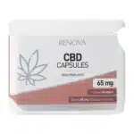 Weißer Behälter mit der Aufschrift „Renova – CBD Öl Kapseln 2,5 % (10 mg)“ mit 30 Kapseln pro Packung und minimalistischem Blätterdesign.