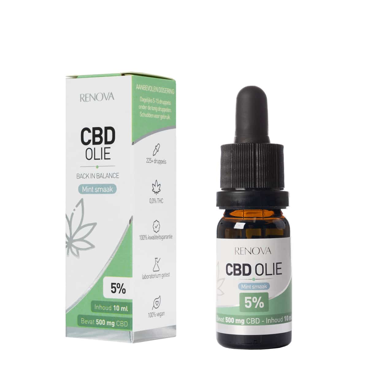 Eine Flasche Renova CBD-Öl mit Pfefferminzgeschmack 5% neben einer Schachtel Renova CBD-Öl mit Pfefferminzgeschmack 5%.