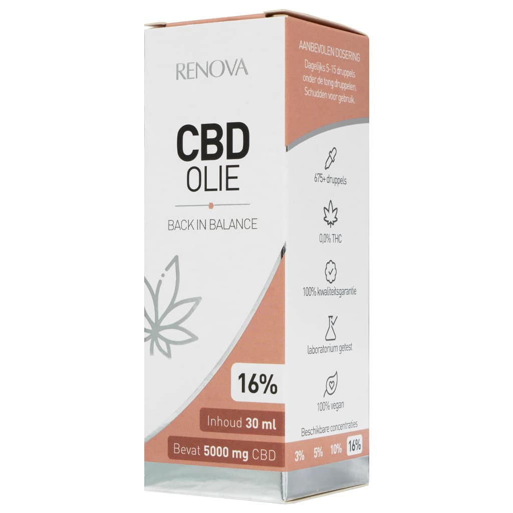 Eine Schachtel Renova CBD-Öl 16% (30 ml) auf einem Tisch.