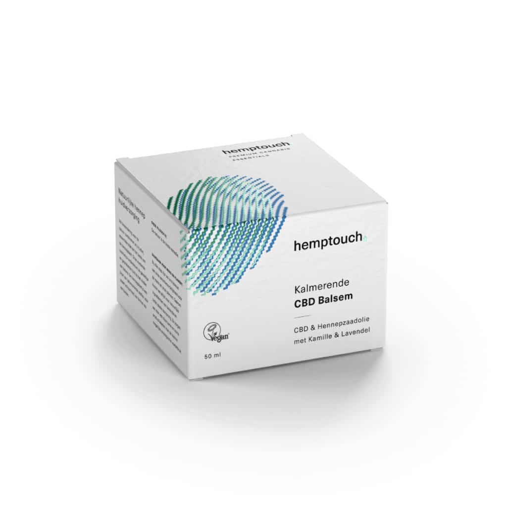 Eine Schachtel Hemptouch Salbe mit CBD für irritierte Haut (50 ml) auf weißem Hintergrund.