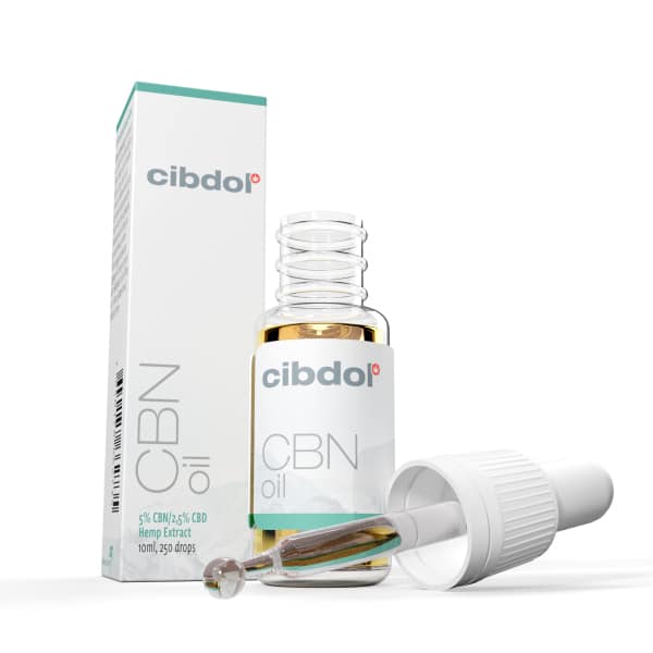 Produktpräsentation von Cibdol – 5 % CBN und 2,5 % CBD-Öl (10 ml) mit Verpackung und Tropfflasche.