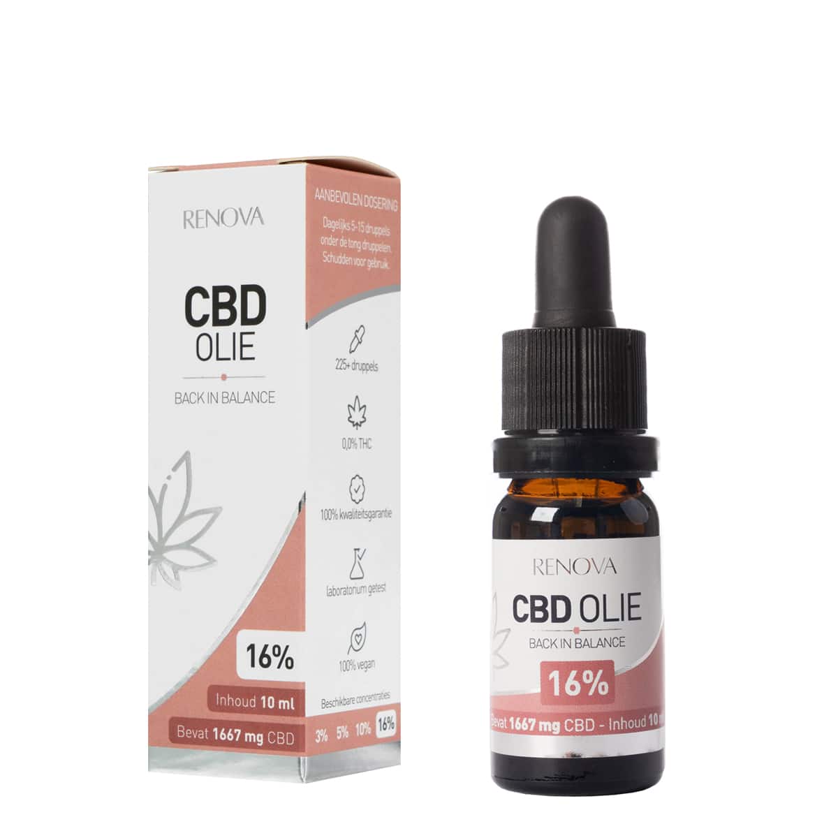 Eine Flasche Renova CBD-Öl 16% neben einer Schachtel Renova CBD-Öl 16%.