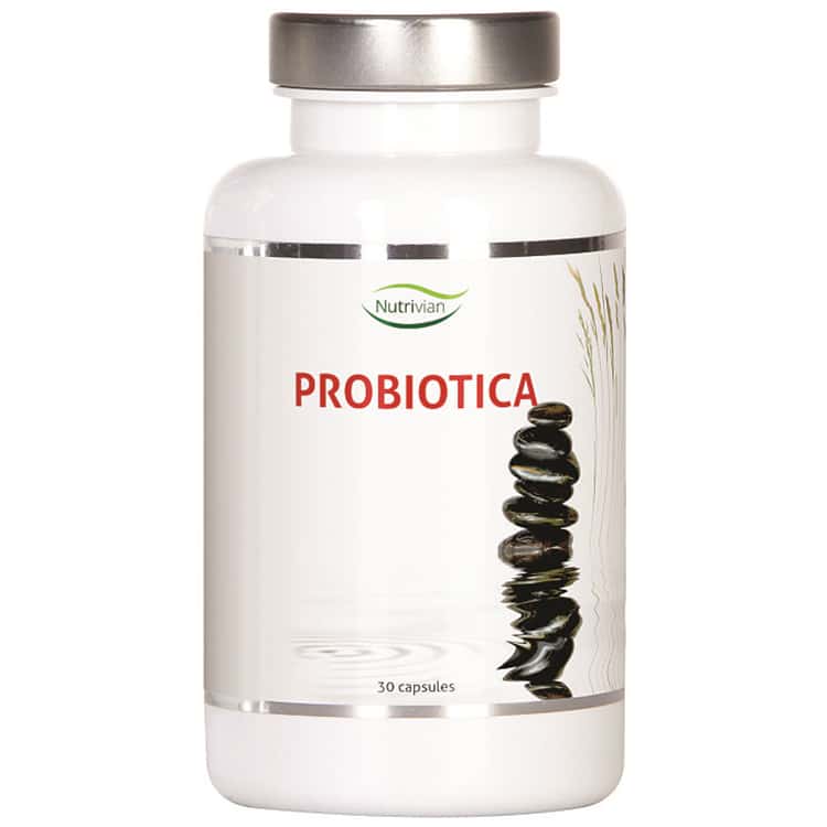 eine Flasche Probiotika auf weißem Hintergrund.