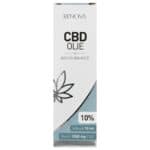 Auf einem Tisch steht eine Flasche Renova CBD-Öl 10%.