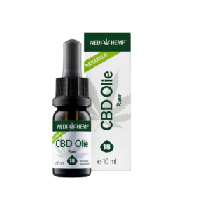 Eine 10-ml-Flasche Wedihemp CBD Öl RAW 18 % neben der Kartonverpackung mit der Aufschrift „Raw“ und „Natuurlijk“.