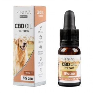 Eine Flasche Renova - CBD-Öl 5% für Hunde (10ml) neben einer Schachtel Renova - CBD-Öl 5% für Hunde (10ml).