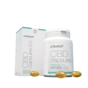 Auf der Produktverpackung für Cibdol – 20% CBD Kapseln (60 Stück – 33,33 mg) sind drei einzelne Kapseln abgebildet.