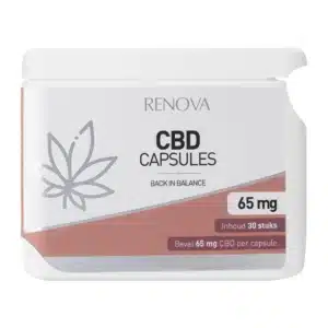 Weißer Behälter mit der Aufschrift „Renova – CBD Öl Kapseln 2,5 % (10 mg)“ mit 30 Kapseln pro Packung und minimalistischem Blätterdesign.