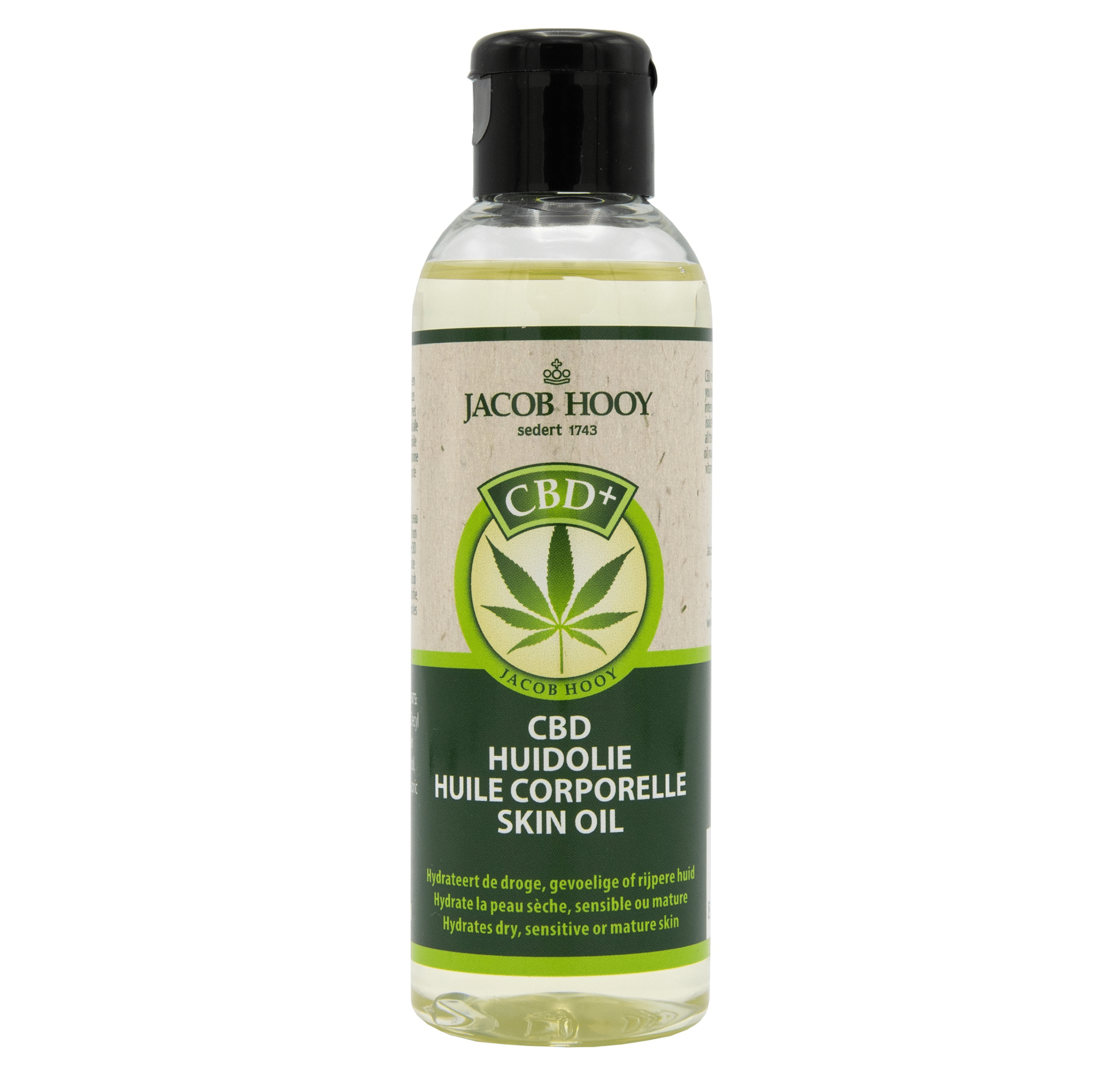 Eine Flasche Jacob Hooy CBD Öl 5 % auf weißem Hintergrund.