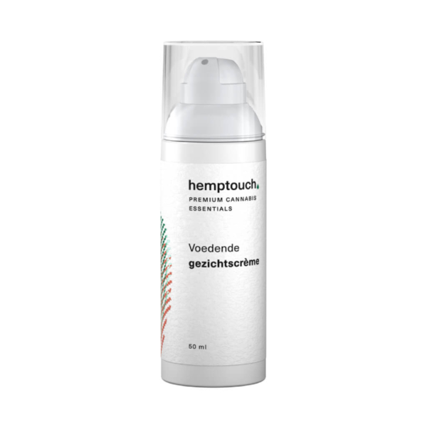 eine Nahaufnahme einer Tube Hemptouch pflegende Gesichtscreme mit CBD (50 ml) auf weißem Hintergrund.