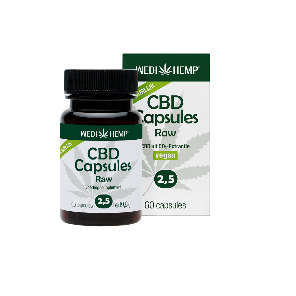 Eine Schachtel Wedihemp – CBD Kapseln 2,5% enthält 60 vegane Kapseln.