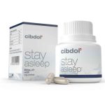 Eine Schachtel Cibdol's Stay Asleep Kapseln mit CBD und CBN (30 Stück) neben einer Flasche.