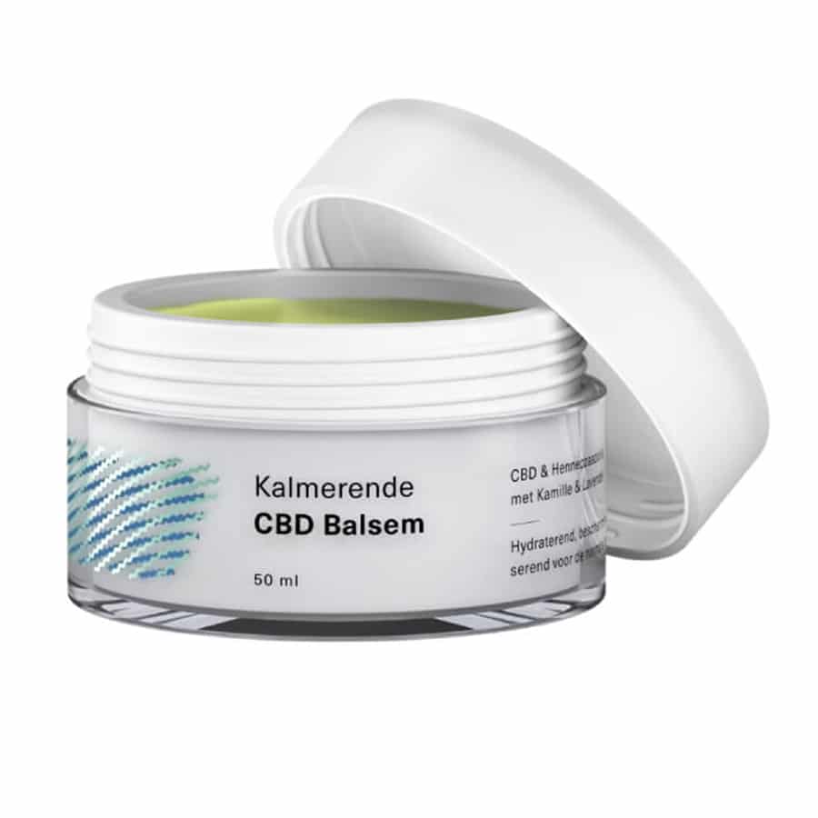 Ein Glas Hemptouch Salbe mit CBD für irritierte Haut (50 ml) sitzt auf einem weißen Behälter.