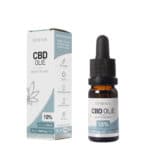 Eine Flasche Renova CBD-Öl 10% neben einem Karton.