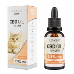 Eine Flasche Renova - CBD-Öl 2,5% für Katzen (30ml) neben einer Schachtel Renova - CBD-Öl 2,5% für Katzen (30ml).