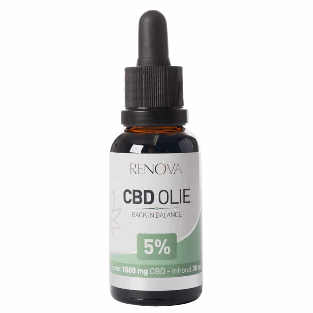 Eine Flasche Renova CBD Öl 5 % (30 ml) auf weißem Hintergrund.