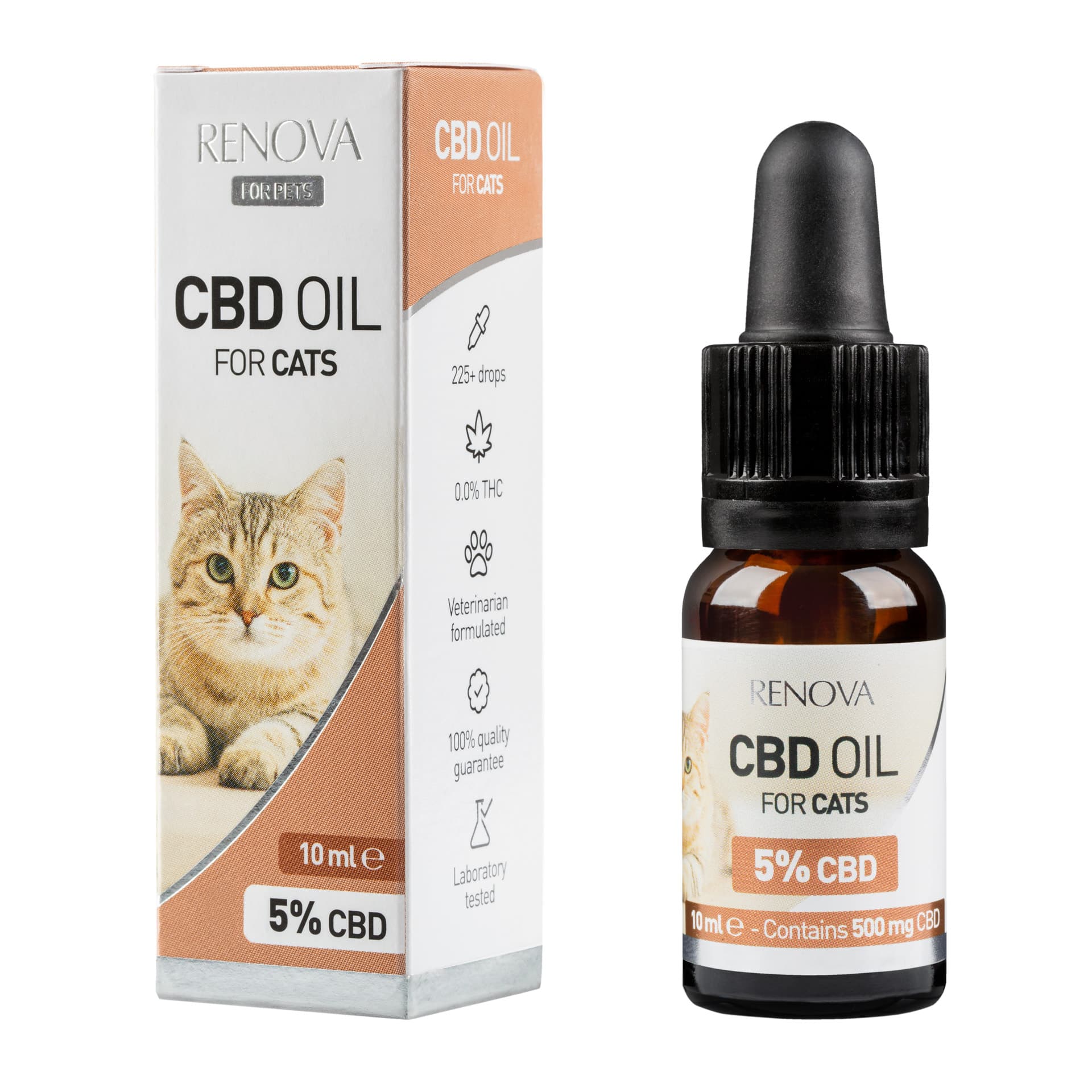 eine Flasche Renova CBD-Öl 5% für Katzen (10ml) neben einer Schachtel Renova CBD-Öl 5% für Katzen (10ml).