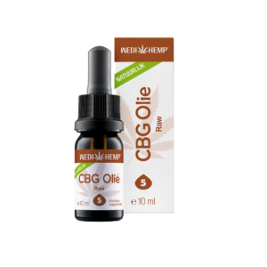 Vor einer passenden Schachtel steht eine schwarze Flasche Wedihemp CBG (Cannabigerol) Öl 5% mit Pipette und der Aufschrift „Raw“. Sie enthält 10 ml und ist als Nahrungsergänzungsmittel gekennzeichnet.