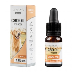 Eine Flasche Renova - CBD-Öl 2,5% für Hunde (10ml) neben einer Schachtel Renova - CBD-Öl 2,5% für Hunde (10ml).