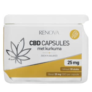 eine Flasche Renova CBD Öl Kapseln Mit Melatonin 15% (25 mg) neben einer Dose Renova CBD Öl Kapseln Mit Melatonin 15% (25 mg).