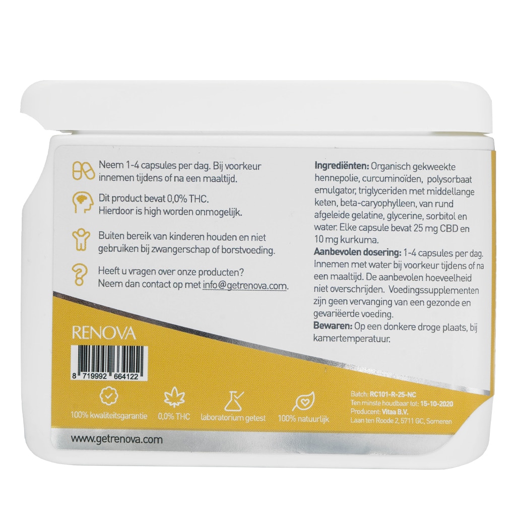 eine Nahaufnahme eines Behälters von Renova - CBD Öl Kapseln mit Melatonin 15 % (25 mg) mit einem Etikett darauf.