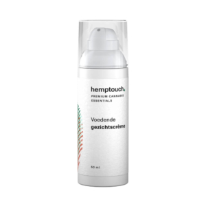 eine Nahaufnahme einer Tube Hemptouch pflegende Gesichtscreme mit CBD (50 ml) auf weißem Hintergrund.