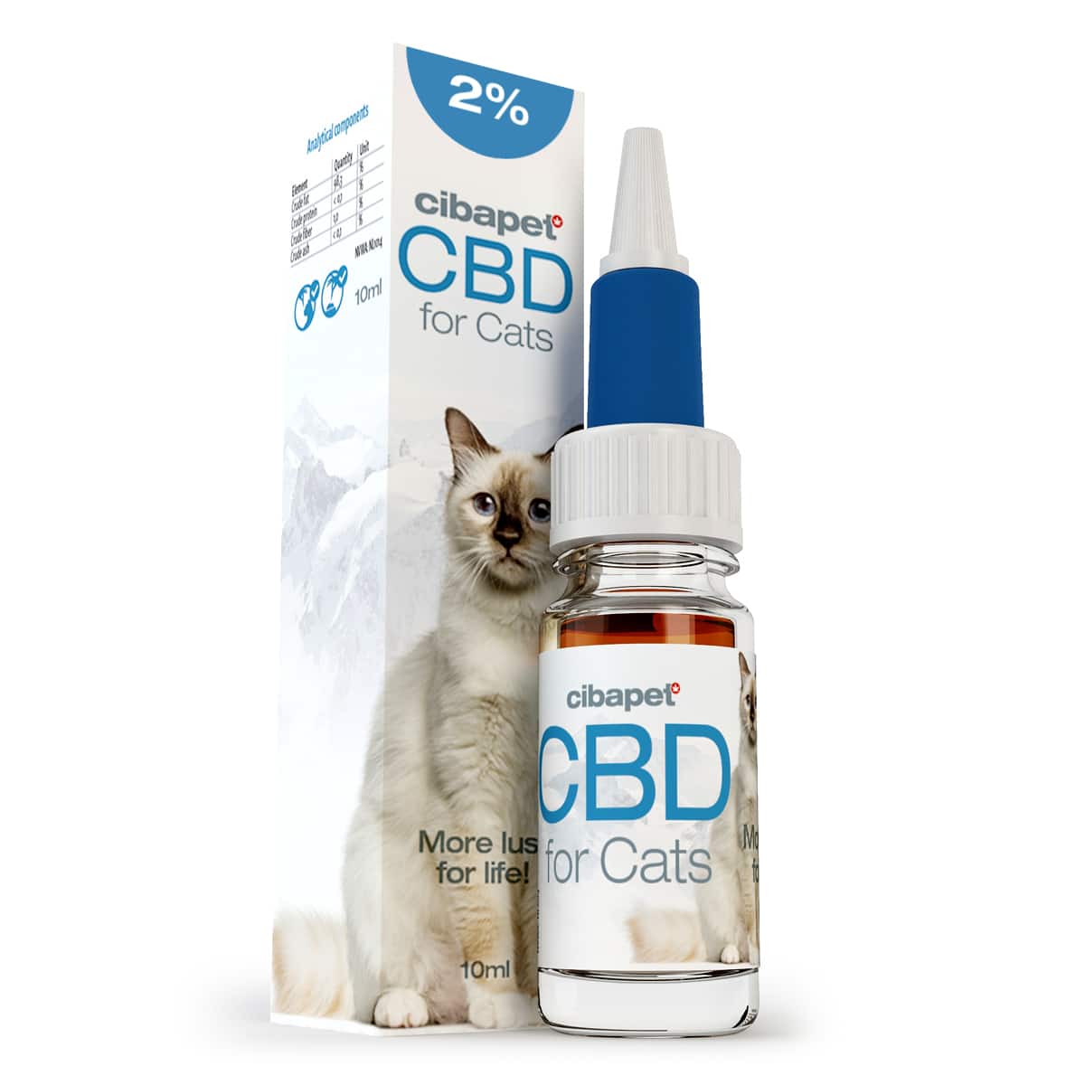 Eine CBD-Pastillen für Katzen (1,3 mg) mit einer Katze daneben.