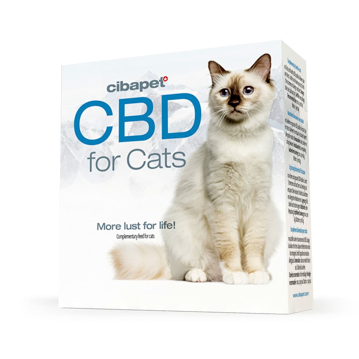 Eine Schachtel CBD-Pastillen für Katzen (1,3 mg) auf weißem Hintergrund.