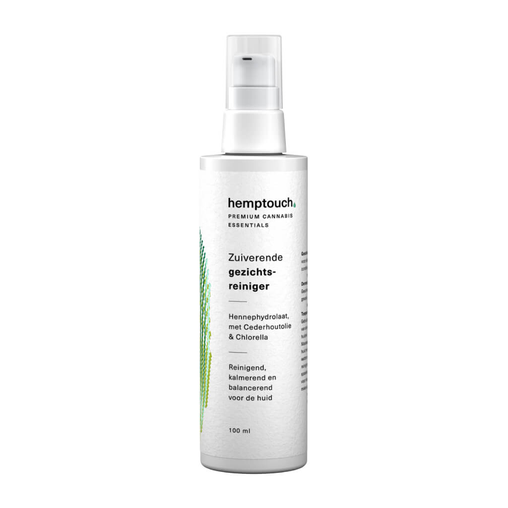 Eine Flasche Hemptouch säubernder Gesichtsreiniger mit Hanfsamenöl (100 ml) auf weißem Hintergrund.