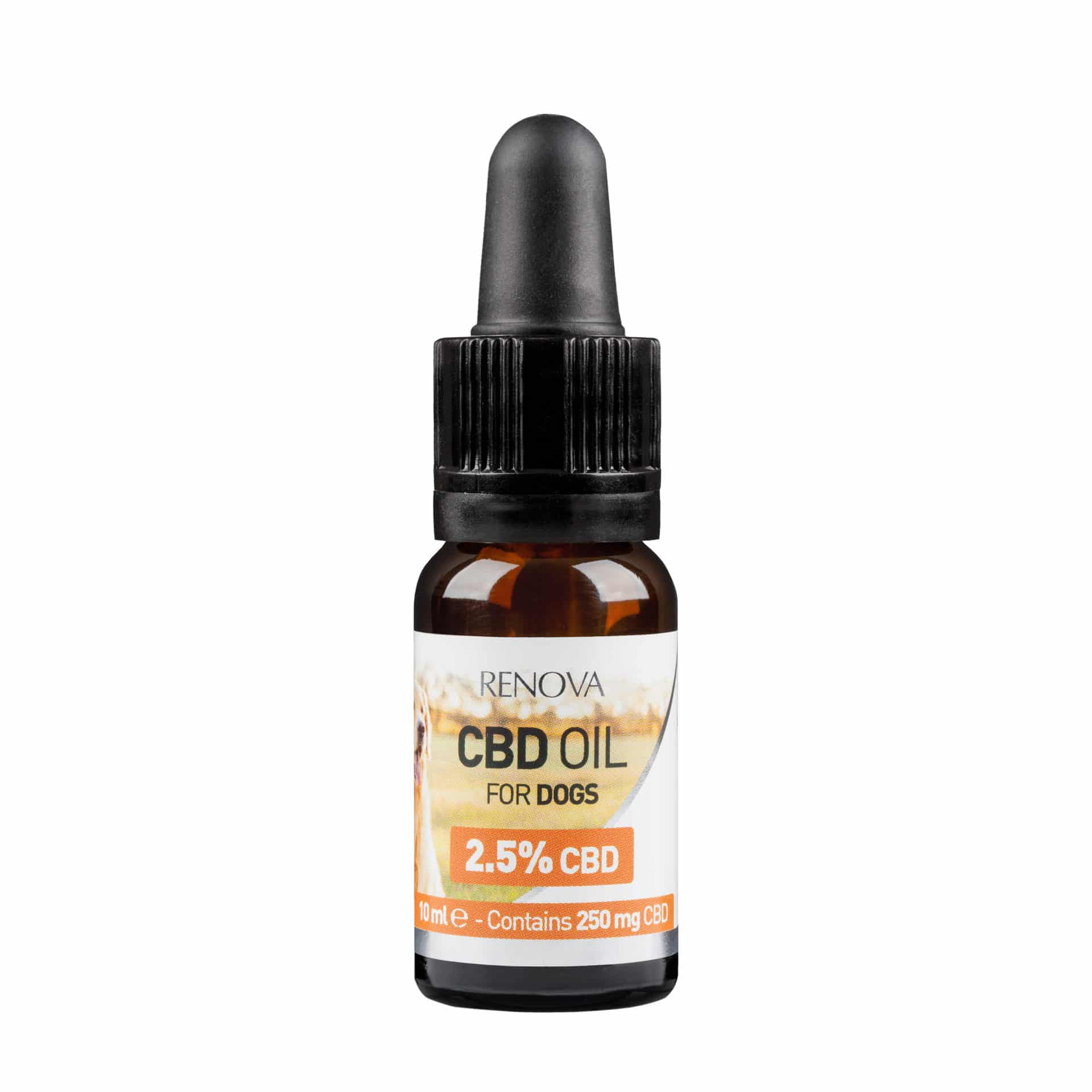 Eine Flasche Renova - CBD-Öl 2,5 % für Hunde (10 ml) auf weißem Hintergrund.