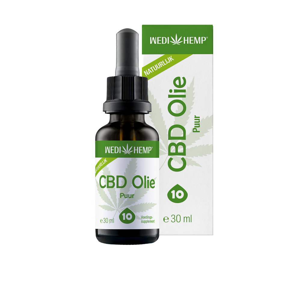 Ein 30-ml-Behälter mit der Aufschrift „Wedihemp CBD Öl Pure 10 %“ verfügt über ein grün-weißes Design mit einer Tropferspitze und bietet natürliches CBD-Öl als Nahrungsergänzungsmittel an.