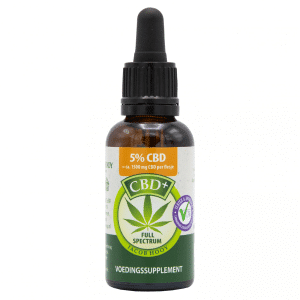 Eine Flasche Jacob Hooy CBD Öl 5% auf einer weißen Fläche.