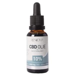 Eine Flasche Renova CBD-Öl 10 % (30 ml) auf weißem Hintergrund.