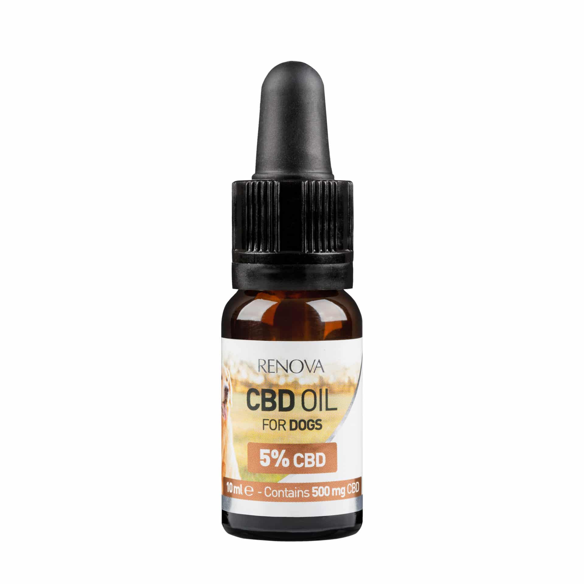 Eine Flasche Renova CBD-Öl 5 % für Hunde (10 ml) auf weißem Hintergrund.