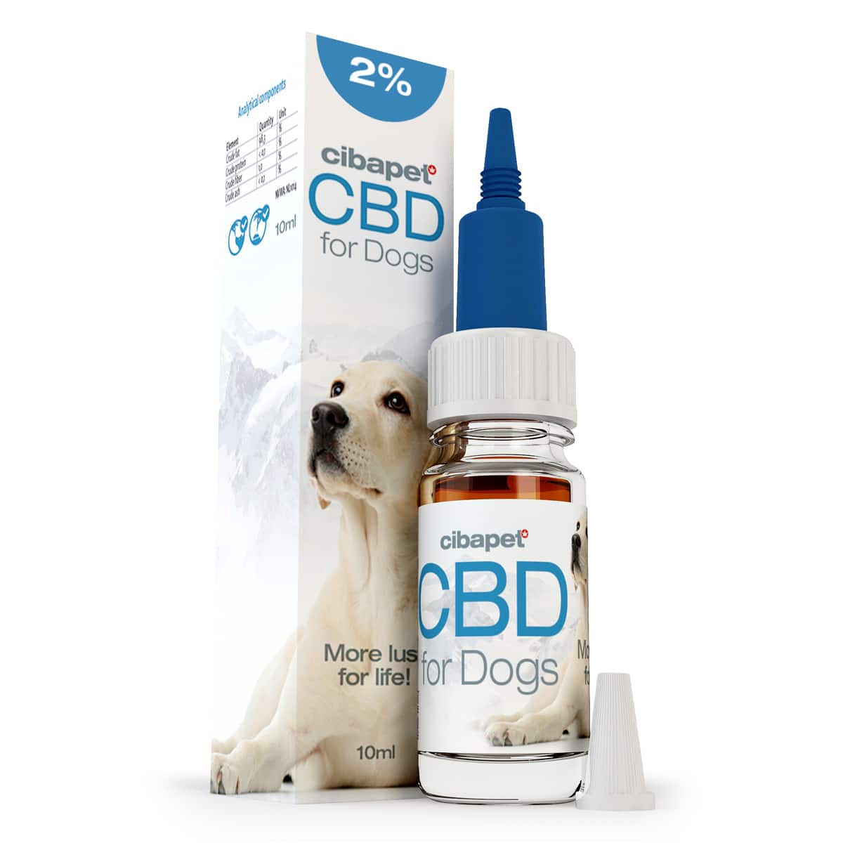 Eine Schachtel CBD-Pastillen für Katzen (1,3 mg) neben einer Flasche CBD-Tropfen.