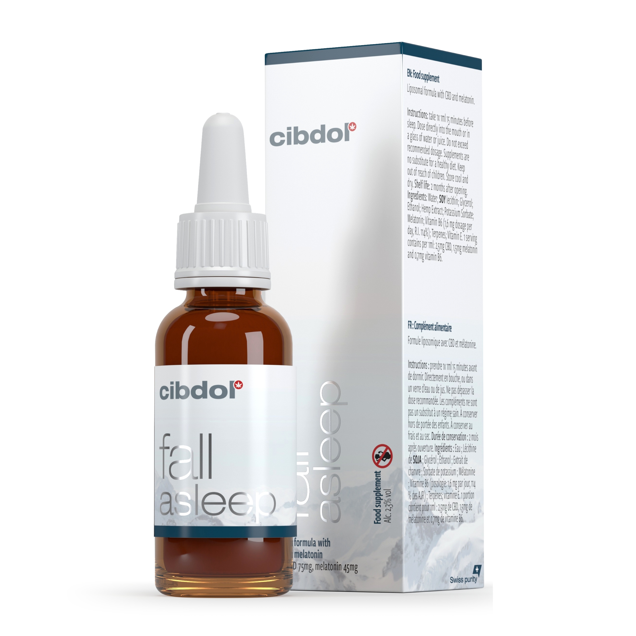 Eine Flasche Meladol - Fall Asleep - CBD + Melatonin + vit. B6 (30 ml) Öl neben einer Schachtel Meladol.