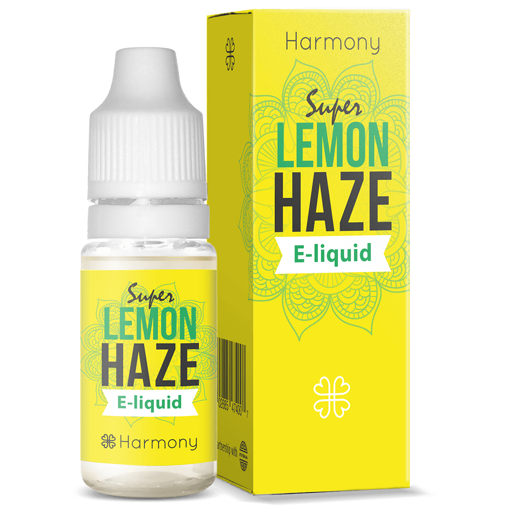 eine Flasche Lemon Haze E-Liquid neben einer Schachtel.