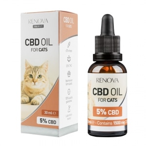 eine Flasche Renova - CBD-Öl 5% für Katzen (30ml) neben einer Schachtel Renova - CBD-Öl 5% für Katzen (30ml).