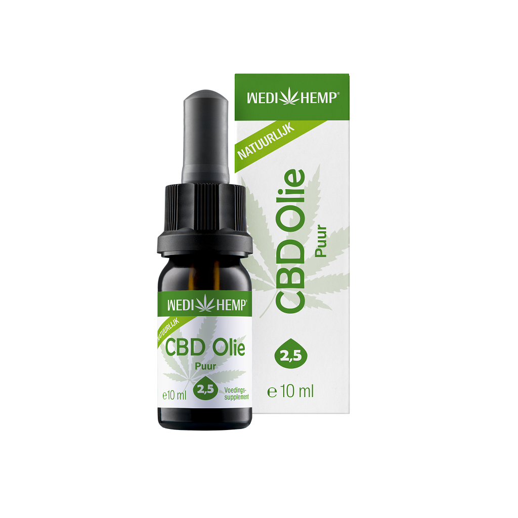 Wedihemp CBD Öl Pure 2,5 % Flasche und Schachtel mit Tropfer und der Aufschrift „natuurlijk“.