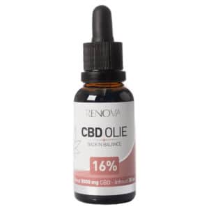 Eine Flasche Renova CBD-Öl 16 % (30 ml) auf weißem Hintergrund.