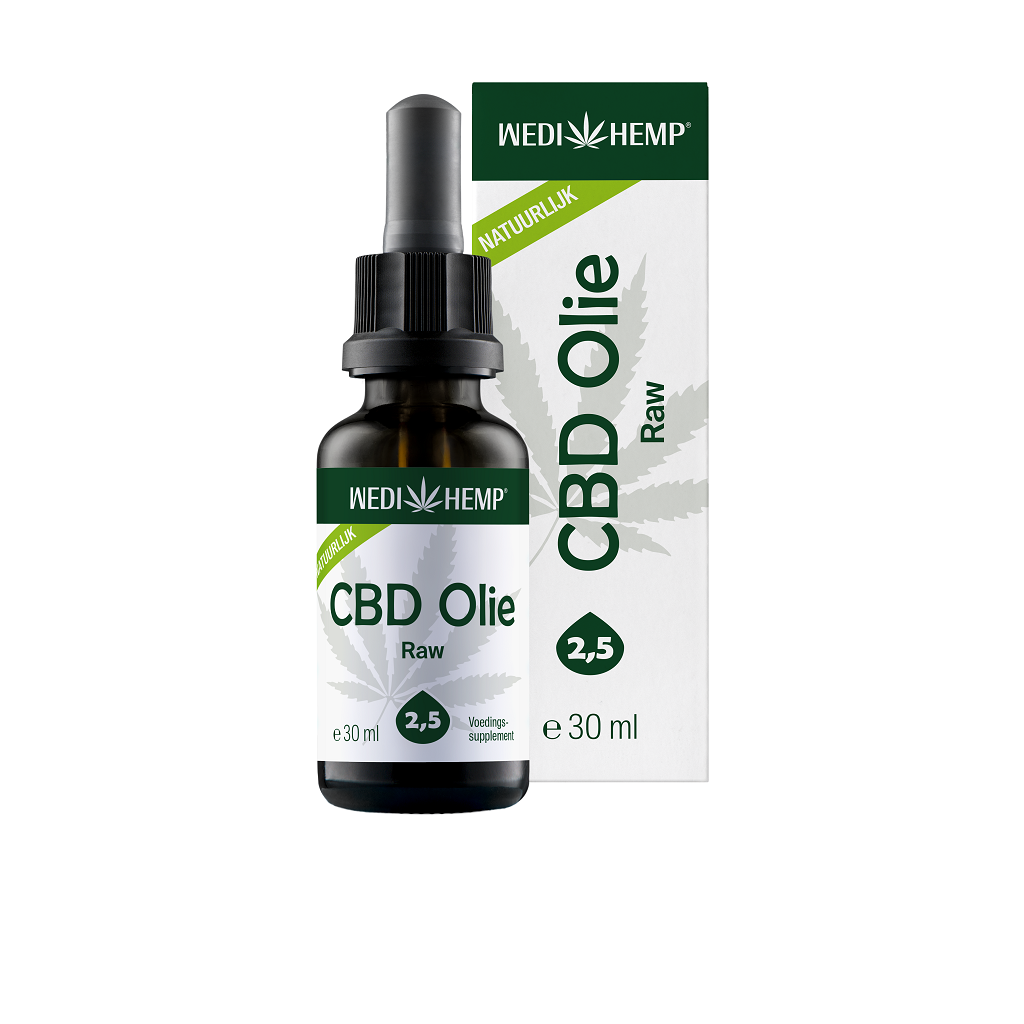 Eine 30-ml-Flasche Wedihemp CBD Öl RAW, 2,5 %, präsentiert mit ihrer Verpackung.