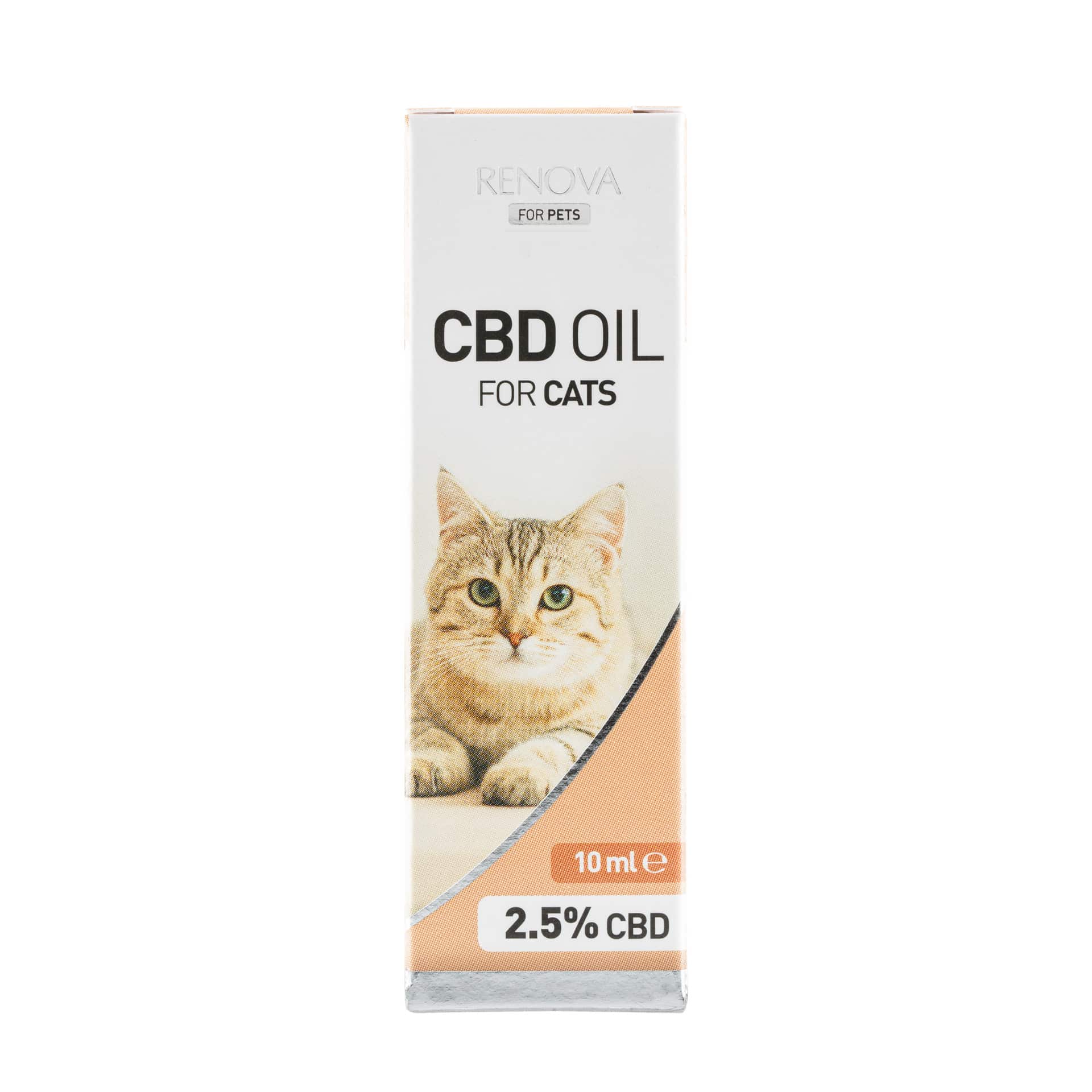 Eine Schachtel Renova CBD-Öl 2,5 % für Katzen (10 ml) auf weißem Hintergrund.