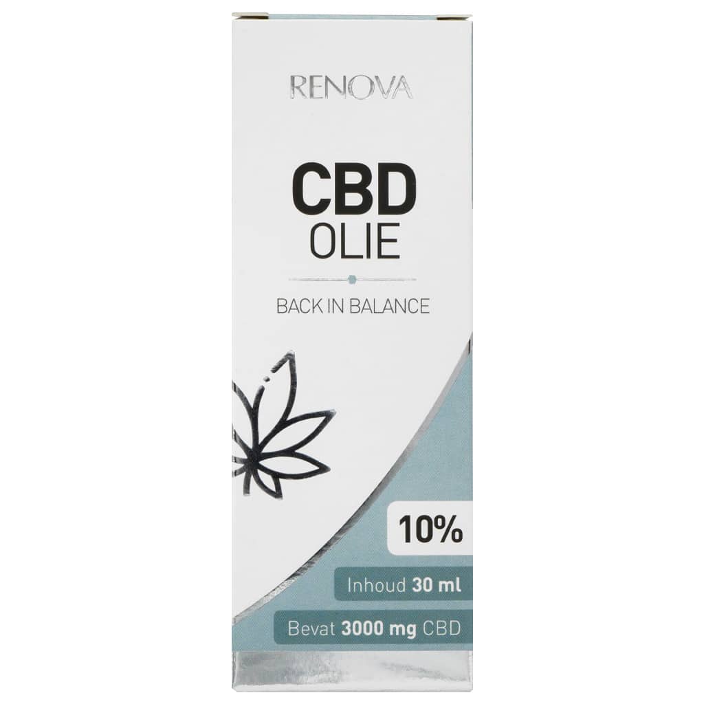 Eine Flasche Renova CBD-Öl 10 % (30 ml) auf weißem Hintergrund.