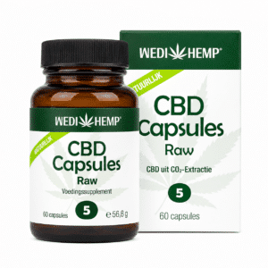 Eine braune Flasche und eine Schachtel mit der Aufschrift „Wedihemp – 5 % RAW CBD-Kapseln (60 Stück – 27 mg CBD + CBDa pro Kapsel)“ und einer Abbildung eines grünen Cannabisblatts.