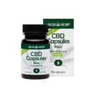 Eine Flasche und Schachtel Wedihemp – CBD Kapseln 5% (60 Stück), enthalten 60 Kapseln, gekennzeichnet als vegan mit 5% CBD aus Rohextrakt.